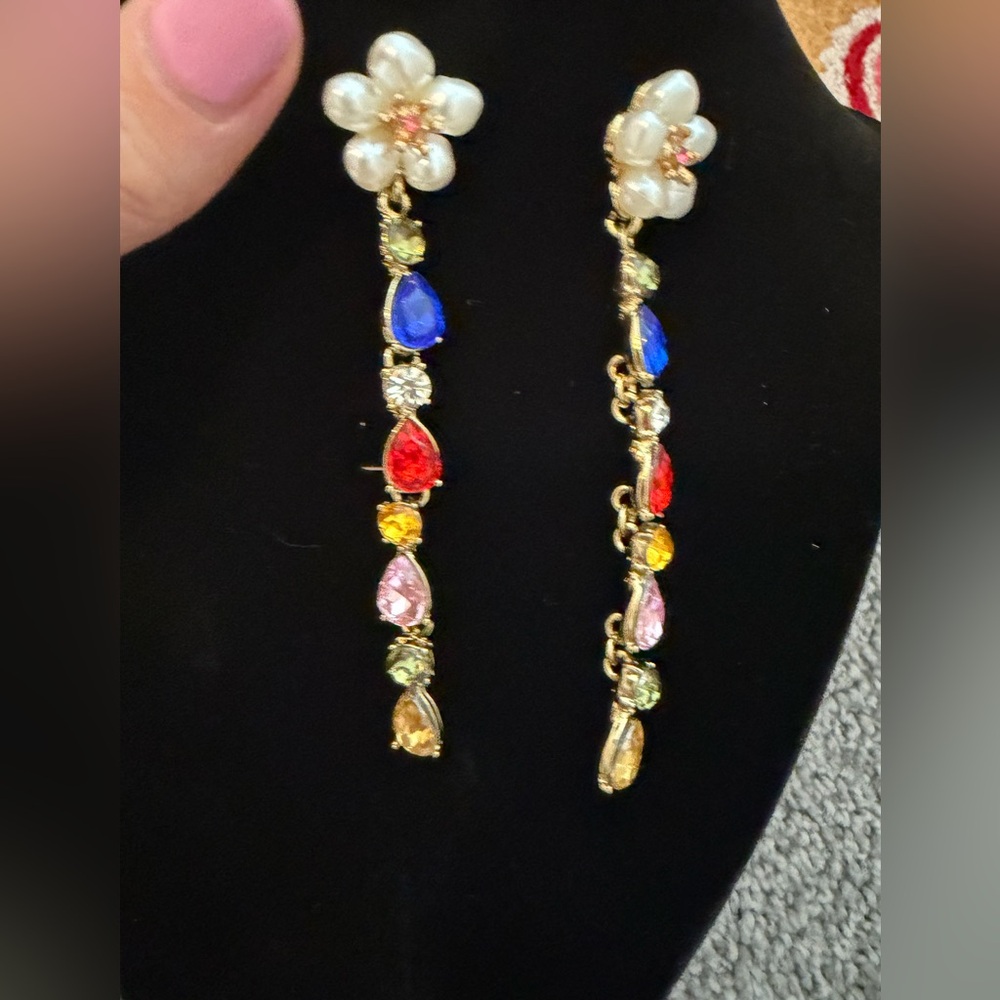 Pearl Flower Drop Earrings with Multicolor Crystals